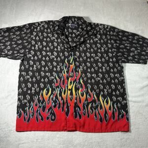 Y2k 2000s Big Dogs Flaming Fire Flames Button Up Shirt Mens XL Grunge Hot Wheels